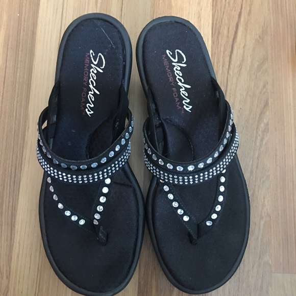 Skechers Shoes | Skechers Black Rhinestone Wedge Sandals Sz 7 | Poshmark